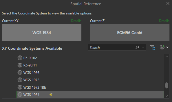 Fenêtre Spatial Reference (Référence spatiale)