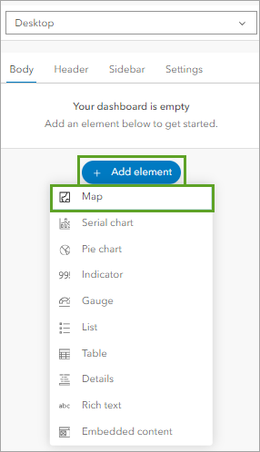 Map (Carte) dans la liste d’options pour Add element (Ajouter un élément) dans la fenêtre View (Vue)