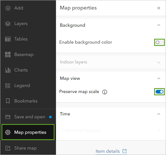 Option Enable background color (Activer la couleur d’arrière-plan) désactivée et option Preserve map scale (Conserver l’échelle de la carte) activée dans la fenêtre Map properties (Propriétés de la carte)