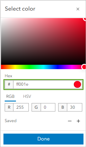 Code hexadécimal ff001e saisi dans la fenêtre Select color (Sélectionner une couleur)