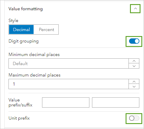 Options Digit grouping (Groupement des chiffres) et Unit prefix (Préfixe d’unité) définies sous la section Value formatting (Mise en forme des valeurs) dans le volet Indicator options (Options d’indicateur)