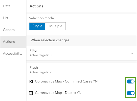 Paramètres de clignotement configurés sur l’onglet Actions