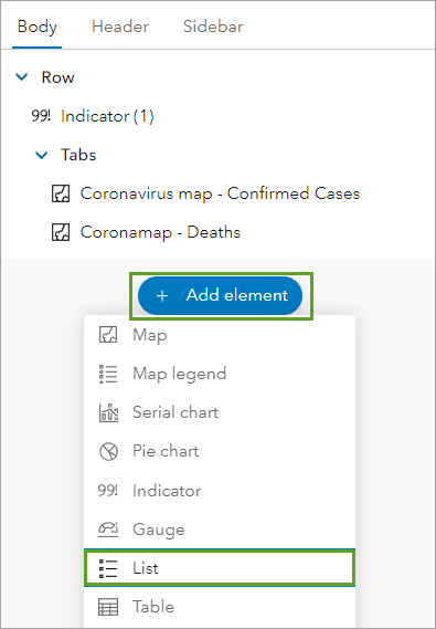 Option List (Liste) dans la liste des options du bouton Add element (Ajouter un élément)