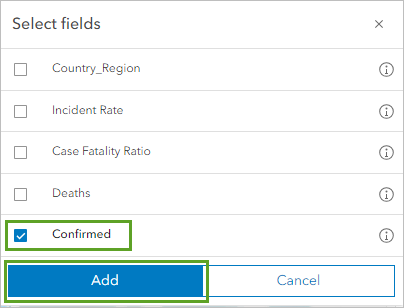 Champ Confirmed (Confirmés) sélectionné et bouton Add (Ajouter) dans la fenêtre Add fields (Ajouter des champs)
