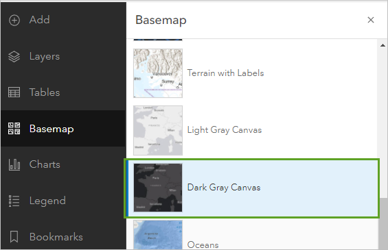 Dark Gray Canvas (Nuances de gris foncé) dans la fenêtre Basemap (Fond de carte)