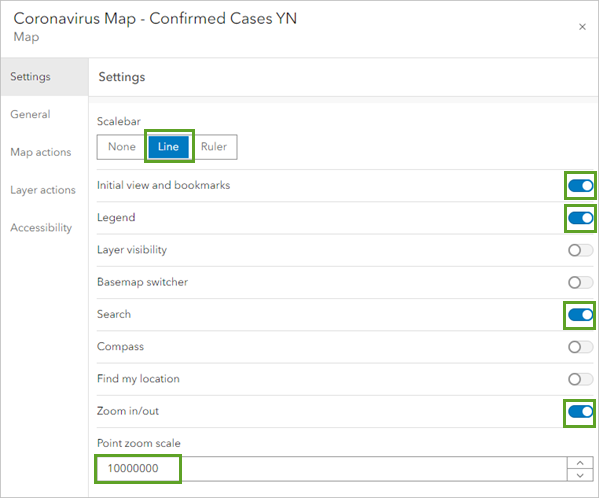 Paramètres définis sur l’onglet Settings (Paramètres) de la fenêtre de l’élément cartographique Coronavirus Map - Confirmed Cases (Carte du coronavirus - cas confirmés)