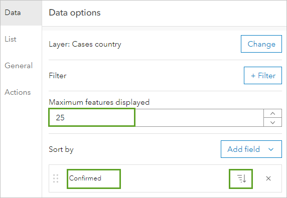 Paramètres configurés dans la fenêtre Data options (Options des données)