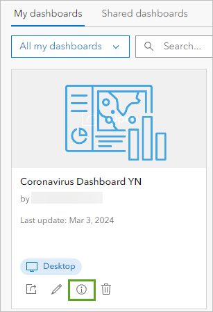 Bouton Item details (Détails de l’élément) sur la fiche de votre instance Coronavirus Dashboard (Tableau de bord du coronavirus)