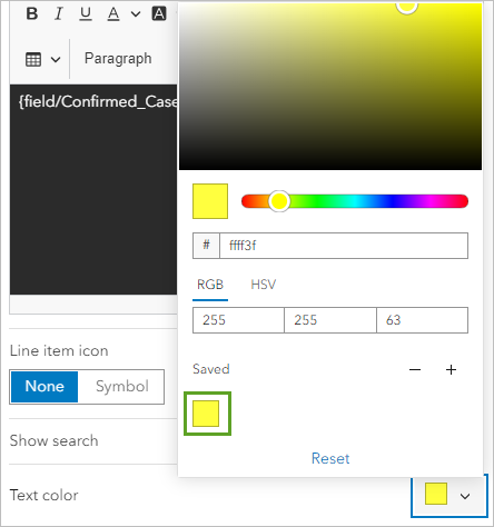 Couleur du texte définie sur la couleur jaune enregistrée