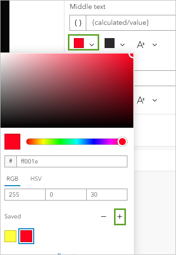 Couleur rouge et bouton d’ajout en regard de l’option Saved (Enregistré) dans la fenêtre de la palette de couleurs pour l’option Middle text (Texte central)