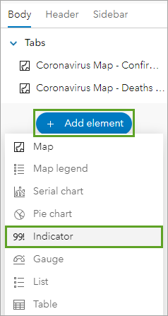 Option Indicator (Indicateur) du menu Add element (Ajouter un élément) dans la fenêtre View (Vue)