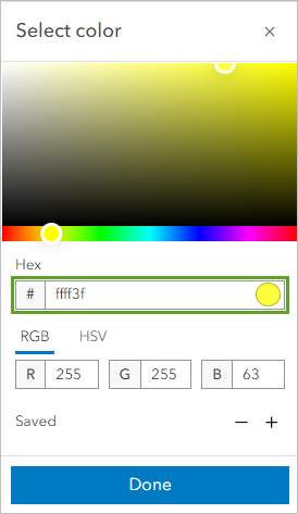 Code hexadécimal ffff3f saisi dans la fenêtre Select color (Sélectionner une couleur)