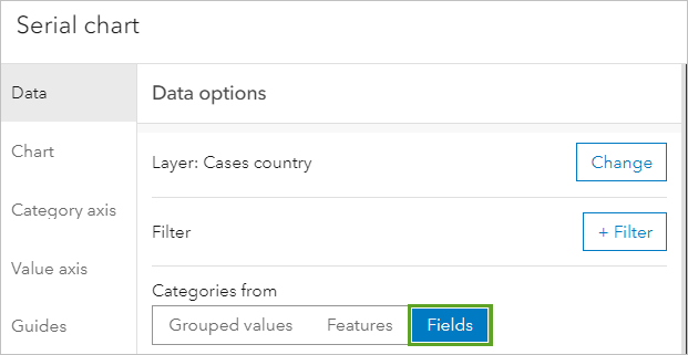 Option Fields (Champs) définie pour Categories from (Catégories depuis) dans la fenêtre Data options (Options des données)