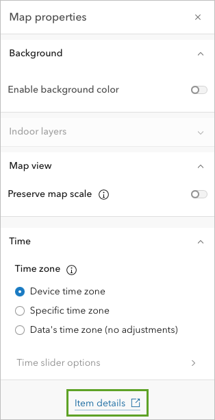 Lien Item details (Détails de l’élément) dans la fenêtre Map properties (Propriétés de la carte)