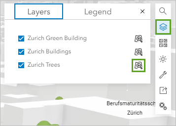 Bouton Zoom to (Zoom sur) pour la couche Zurich Trees