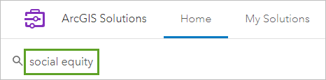 Les termes social equity dans la barre de recherche de la page ArcGIS Solutions