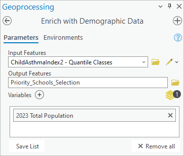 Paramètres saisis dans la fenêtre de l’outil Enrich with Demographic Data (Enrichir de données démographiques)