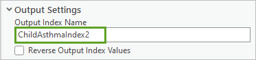 Nom de l’indice en sortie saisi sous la section Output Settings (Paramètres en sortie) dans la fenêtre de l’outil Calculate Composite Index (Calculer un indice composite)