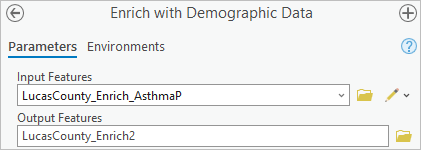 Paramètres saisis dans la fenêtre Enrich with Demographic Data (Enrichir de données démographiques)