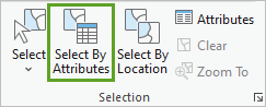 Select By Attributes (Sélectionner selon les attributs) dans le groupe Selection (Sélection) de l’onglet Map (Carte)