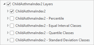 Les couches du groupe de couches ChildAsthmaIndex2 Layers (Couches IndiceAsthmeInfantile2) sont réduites dans la fenêtre Contents (Contenu)