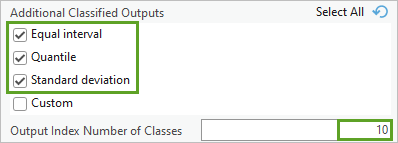 Options Additional Classified Outputs (Sorties classées supplémentaires) et Output Index Number of Classes (Nombre de classes de l’indice en sortie) dans la fenêtre de l’outil Calculate Composite Index (Calculer un indice composite)