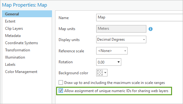 Option Allow assignment of unique numeric IDs for sharing web layers (Autoriser l’attribution d’ID numériques uniques pour le partage de couches Web) sélectionnée dans la fenêtre Map Properties (Propriétés de la carte)