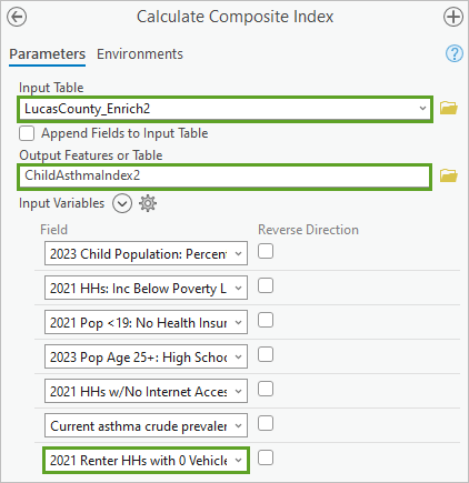 Paramètres ajustés dans la fenêtre Calculate Composite Index (Calculer un indice composite)