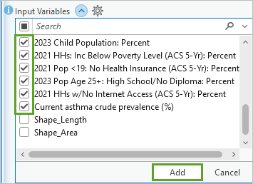 Variables cochées dans le menu Add Many (Ajouter plusieurs) et bouton Add (Ajouter)