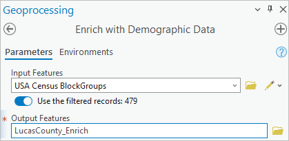 Paramètres saisis dans la fenêtre Enrich with Demographic Data (Enrichir de données démographiques)