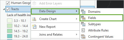 Fields (Champs) dans les options Data Design (Conception de données) de la couche Secteurs