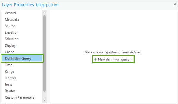 Bouton New definition query (Nouvel ensemble de définition) dans l’onglet Definition Query (Ensemble de définition) de la fenêtre Layer Properties (Propriétés de la couche)