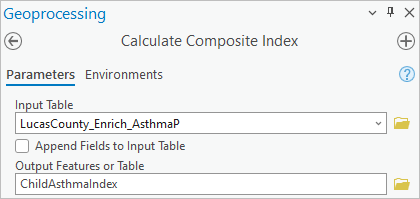 Paramètres Input Table (Table en entrée) et Output Features or Table (Table ou entités en sortie) saisis dans la fenêtre de l’outil Calculate Composite Index (Calculer un indice composite)