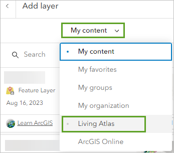 Recherchez Living Atlas dans le volet Add layer (Ajouter une couche).