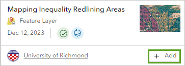 Bouton Add (Ajouter) de la couche Mapping Inequality Redlining Areas (Cartographie des inégalités – Zones de redlining)