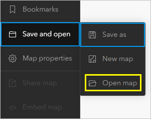 Option Open map (Ouvrir une carte) du menu (Enregistrer et ouvrir)