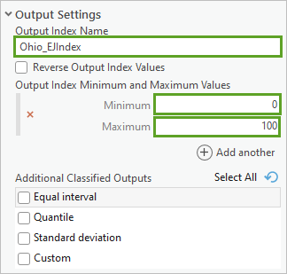 Paramètres Output Settings (Paramètres en sortie) dans le volet de l’outil Calculate Composite Index (Calculer l’indice composite)