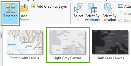 Fond de carte Light Gray Canvas (Nuances de gris clair) dans le menu Basemap (Fond de carte) dans l’onglet Map (Carte)