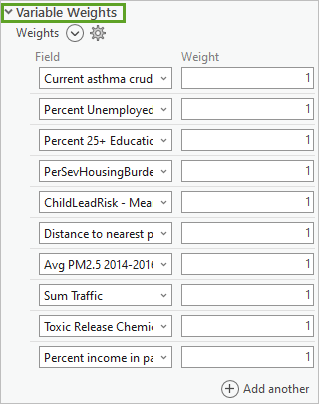 Section Variable Weights (Pondérations des variables) développée dans le volet de l’outil Calculate Composite Index (Calculer l’indice composite)