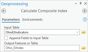 Paramètres entrés dans le volet de l’outil Calculate Composite Index (Calculer l’indice composite)