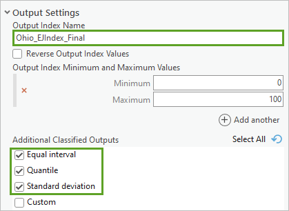 Paramètres Output Settings (Paramètres en sortie) dans le volet de l’outil Calculate Composite Index (Calculer l’indice composite)