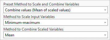 Option Preset Method to Scale and Combine Variables (Méthode prédéfinie pour mettre à l’échelle et combiner les valeurs) définie sur Combine values (Mean of scaled values) (Combiner les valeurs [moyenne des valeurs mises à l’échelle])