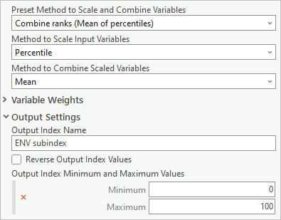 Paramètres entrés pour le sous-indice environnemental dans le volet de l’outil Calculate Composite Index (Calculer l’indice composite)