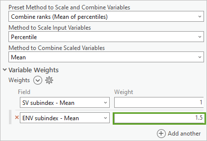 Pondération du sous-indice ENV ajoutée dans le volet de l’outil Calculate Composite Index (Calculer l’indice composite)