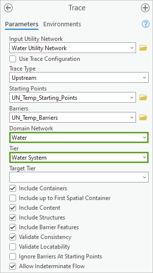 Domain Network (Réseau de domaine) défini sur Water (Eau) et Tier (Niveau) défini sur Water System (Système de distribution [eau]) dans l’outil Traçage