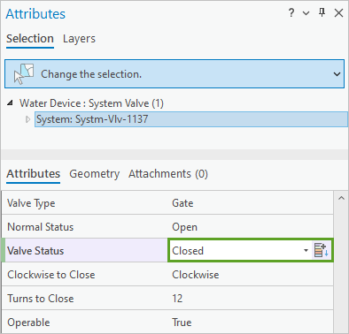 Valeur Closed (Fermée) dans le champ Valve Status (Statut de la vanne) dans la fenêtre Attributes (Attributs)