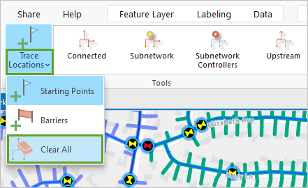 Option Clear All (Effacer tout) dans le menu Trace Locations (Emplacements de trace)