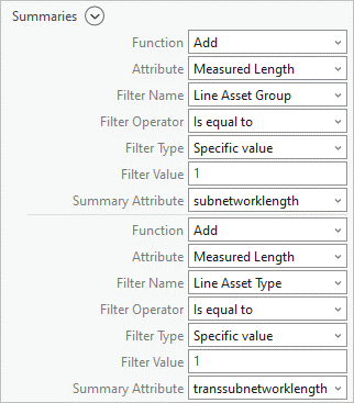 Paramètres dans la section Summaries (Synthèses)