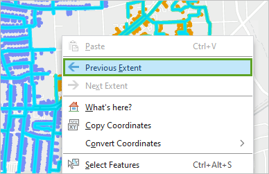 Option Previous Extent (Étendue précédente) dans le menu contextuel de la carte