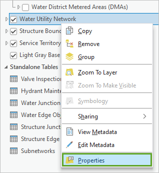 Option Properties (Propriétés) dans le menu contextuel de la couche (Water Utility Network (Réseau de distribution d’eau))